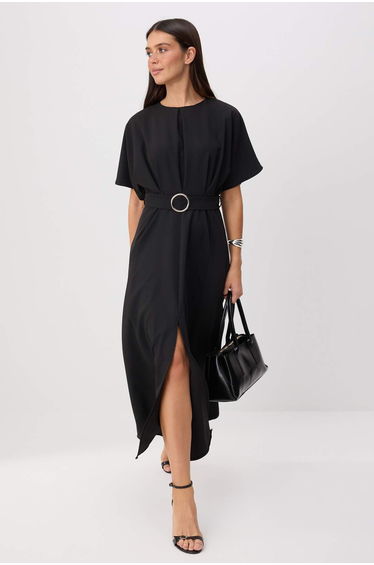 Black Belt Piece Plain Belt Piece Midi Woven Dress