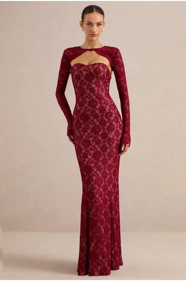 Mirellia | Dark Red Lace Sweetheart-Neck Maxi Dress