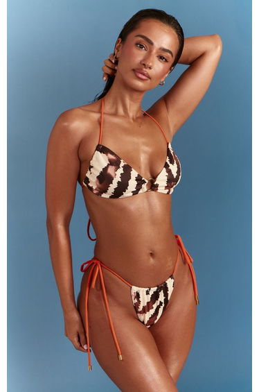 Stone Animal Print Contrast Strap Bikini Top