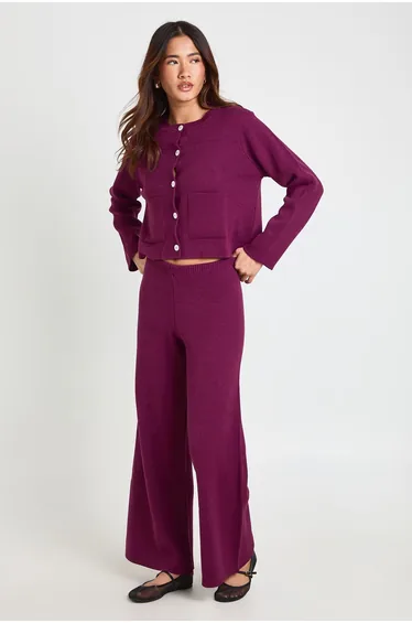 Petite Pocket Detail Crew Neck Knitted Cardigan and Wide Leg Trouser - burgundy