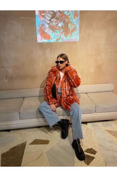 Glamorous Curve Red Check Faux Fur Coat with Lapel Collar