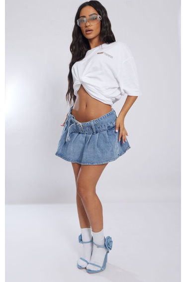 Petite Vintage Wash Belted Micro Mini Denim Skirt