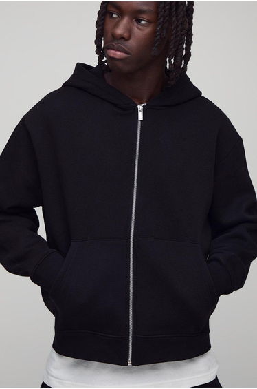 Basic Oversized Boxy Zip Through Hoodie - black