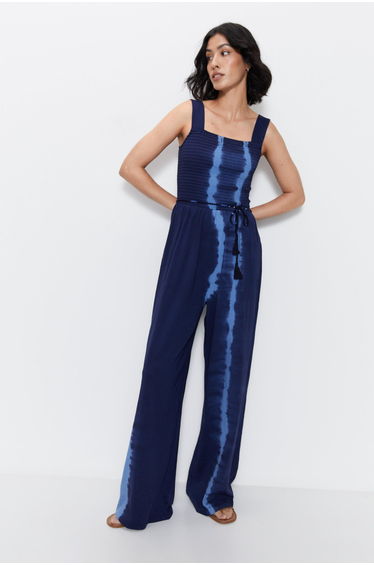 Tie Dye Tie Waist Shirred Jumpsuit