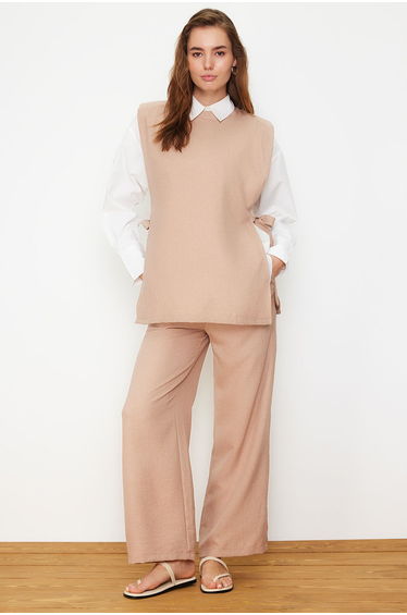 Mink Linen Look Side Tie Woven Bottom Set