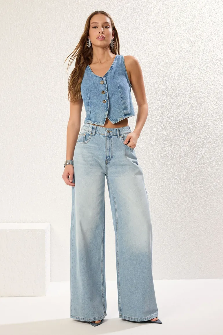 Blue High Waist Wide Leg Jeans