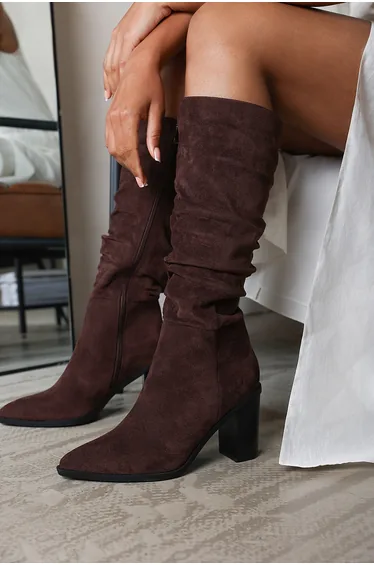 Primrose Slouch Knee High Boots with Block Heel in Dark Brown Suede