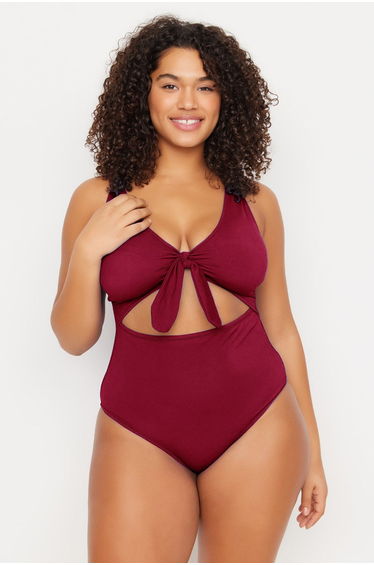 Burgundy Deep V Neck Cut-Out Tie-Up Throw Covered Plus Size Swimsuit