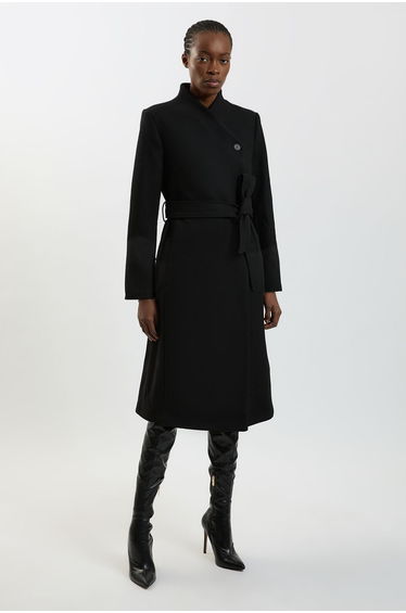 Wool Wrap Neck Tailored Belted Midi Coat