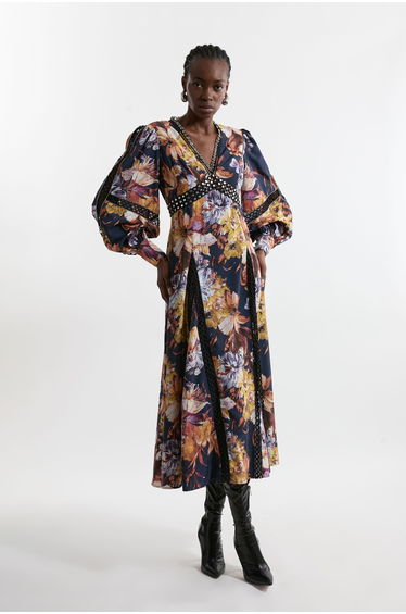 Tall Floral Studded Lace Woven Midaxi Dress
