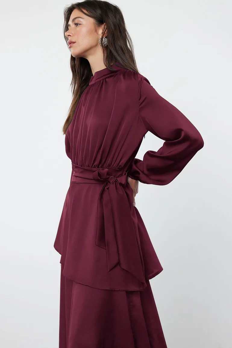 Brown Skirt Tiered Satin Woven Evening Dress/Night Dress - 1