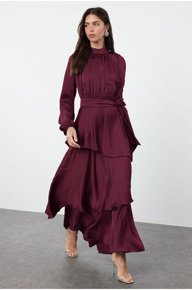 Brown Skirt Tiered Satin Woven Evening Dress/Night Dress