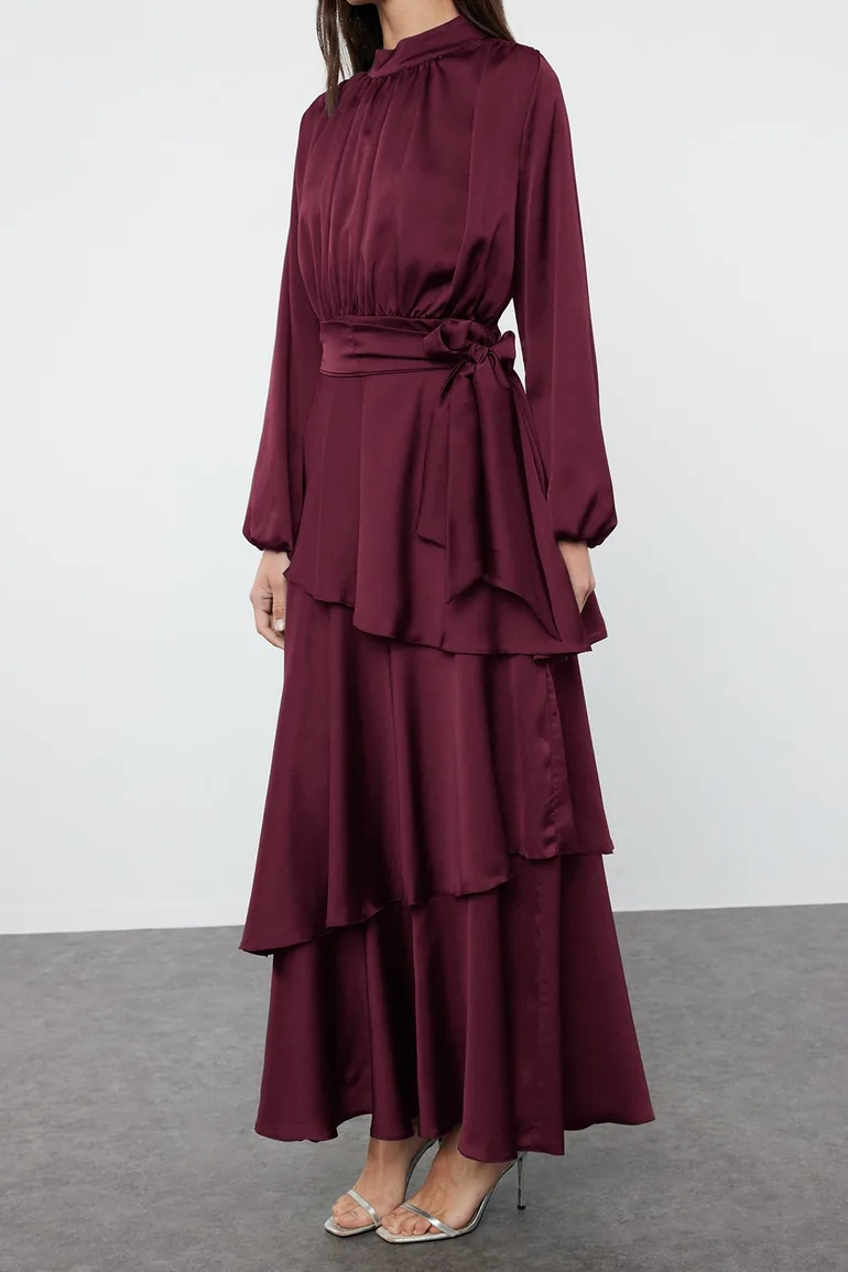 Brown Skirt Tiered Satin Woven Evening Dress/Night Dress - 3