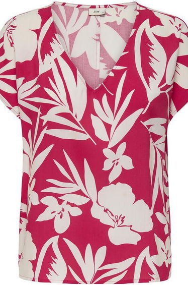 Floral/Leaf Print Blouse with V-Neck and Short Sleeves