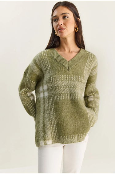 LUCCI Plaid V-Neck Long Sleeve Knit Sweater