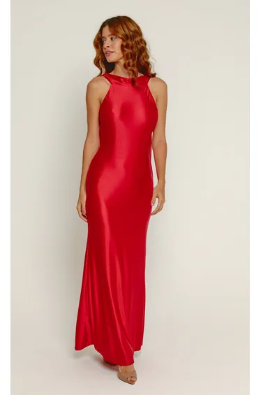 Red Liquid Jersey Scarf Detail Maxi Dress