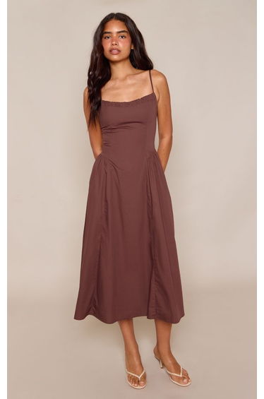 Chocolate Woven Corset Lace Detail Shift Midi Dress