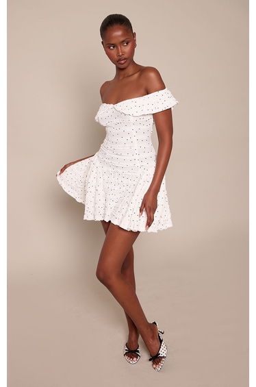 White Polka Dot Textured Bardot Shift Dress