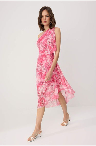 Pink Abstract Skater Asymmetrical Neckline Sleeveless Midi Tulle Lined Knitted Dress