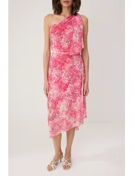 Pink Abstract Skater Asymmetrical Neckline Sleeveless Midi Tulle Lined Knitted Dress - 2