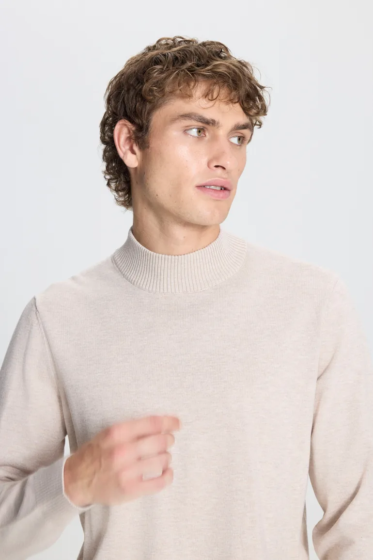 Beige melange standard fit normal cut half turtleneck knitwear sweater - 3