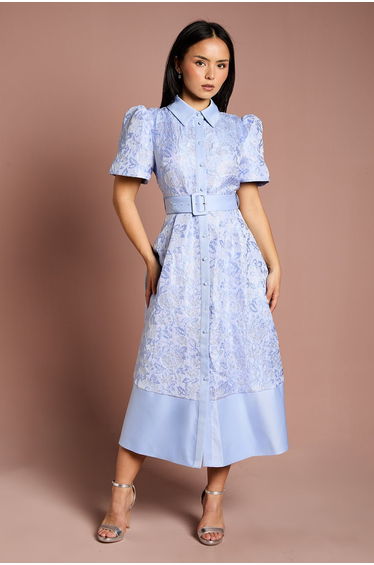 Petite Short Sleeve Shirt Jacquard Midi Dress