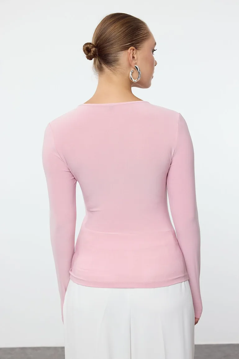 Powder Gathering/Drape Detailed V-Neck Fitted Flexible Knitted Blouse - 4