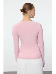 Powder Gathering/Drape Detailed V-Neck Fitted Flexible Knitted Blouse - 4