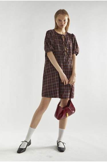 Brown-Blue Check Tie-Front Mini-Dress