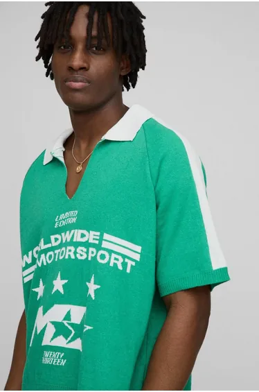 Worldwide Oversized Boxy Moto Jacquard Knitted Polo - green
