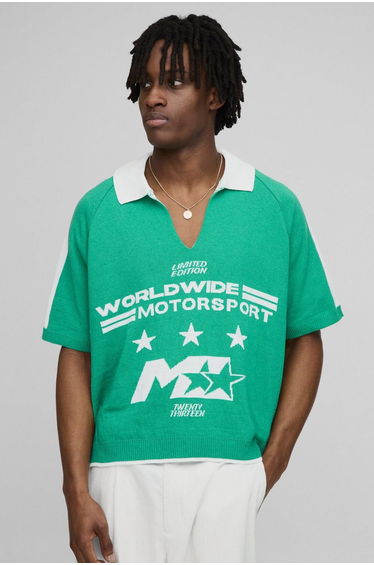 Worldwide Oversized Boxy Moto Jacquard Knitted Polo - green
