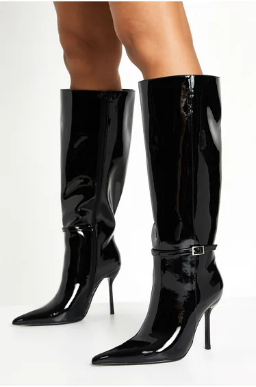 Patent Stiletto Buckle Detail Pointed Toe Knee High Boots - black