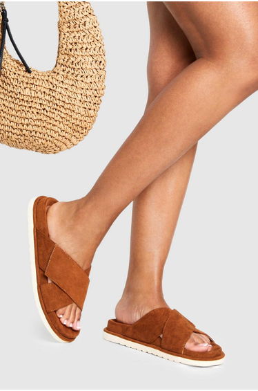 Faux Suede Cross Strap Footbed Sliders