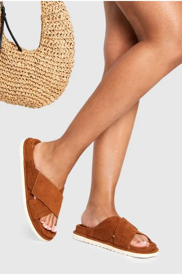 Faux Suede Cross Strap Footbed Sliders