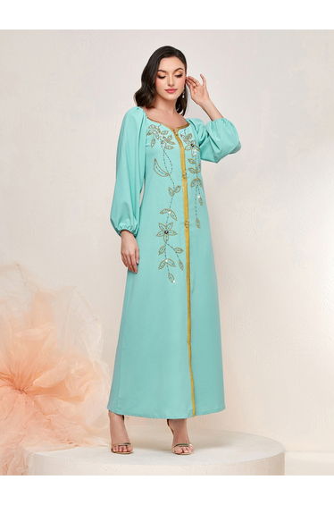 Women Turquoise Rhinestone Embellished Golden Trim Jalabiya