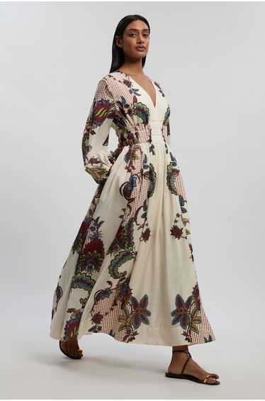 Petite Mirror Print Balloon Sleeve Silk Cotton Maxi Dress