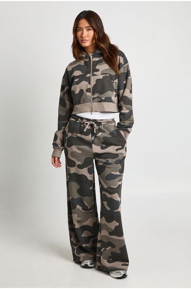 Camo Print Fitted Zip Through Crop Hoodie - camo