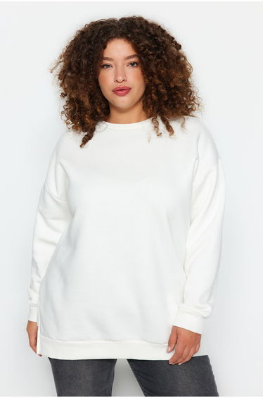 Beige Thick Fleece Inside Slit Oversize Knitted Sweatshirt
