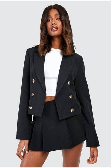 Mock Horn Double Breasted Longline Cropped Blazer - black