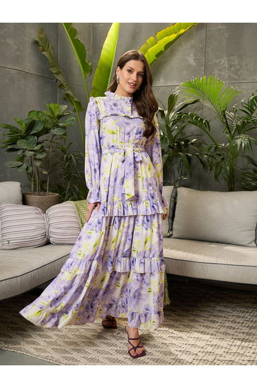 Lilac Floral Print Ruffled Maxi Dress