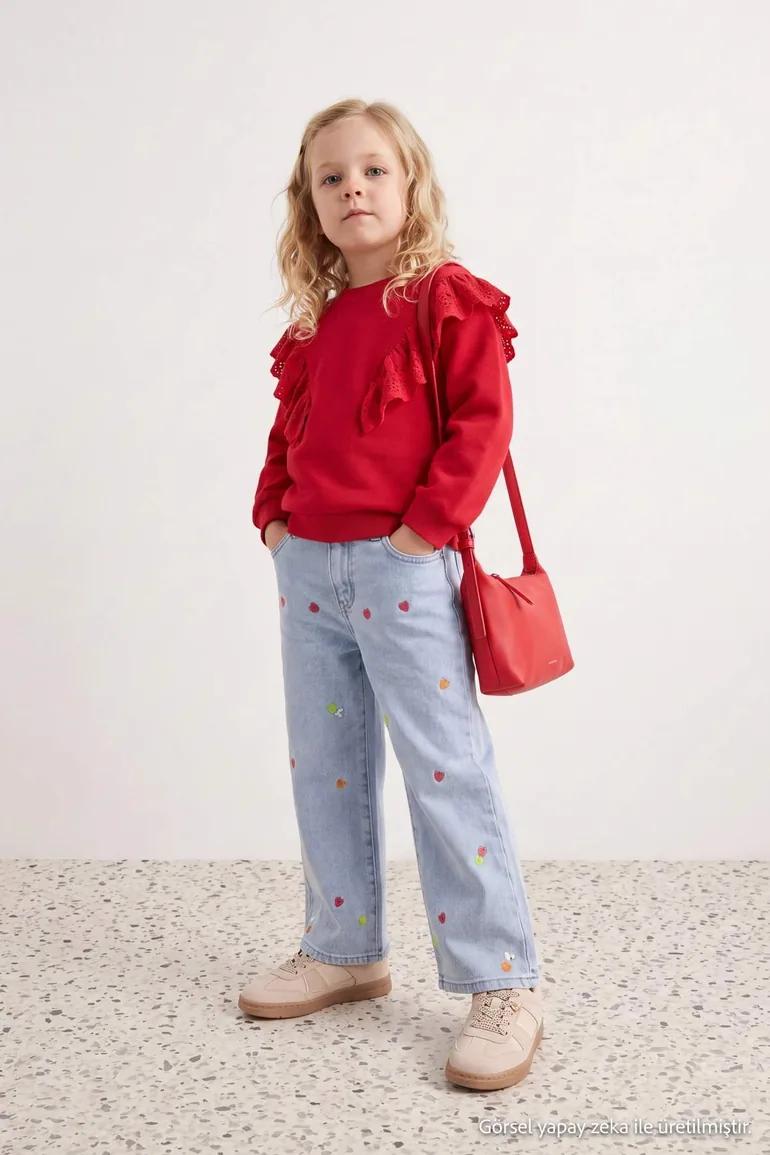 Medium Blue Girls' Cotton Stretch Fabric Heart Embroidered Wide Leg Jeans - 3