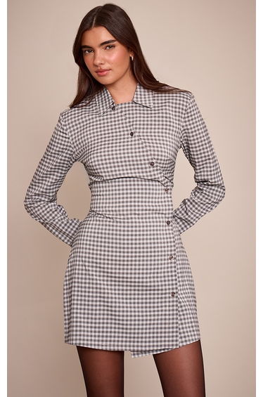 Grey Check Button Down Shirt Dress