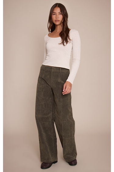 Khaki Faux Suede Straight Leg Trousers