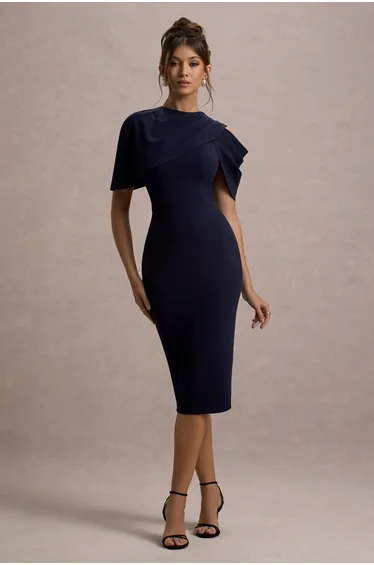 Dorothea | Navy Draped Midi Dress With Cape