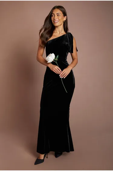 Bow One Shoulder Velvet Bridesmaid Maxi Dress