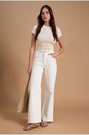 White High Waist Wide Leg Flower Embroidered 100% Cotton Jeans