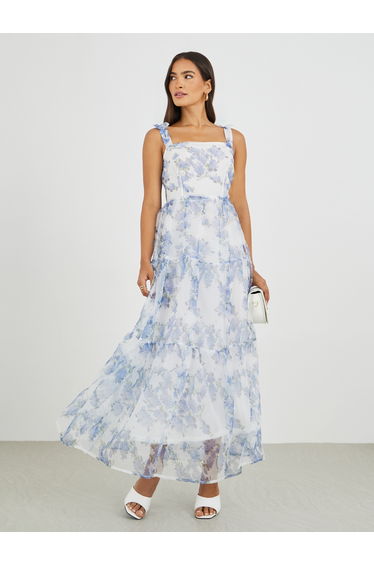 Floral Print Tie-Sleeve Tiered Maxi Dress