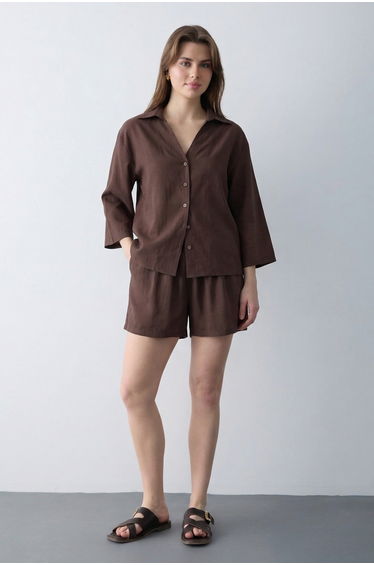 Brown Modal Shirt Shorts Woven Bottom - Top Set