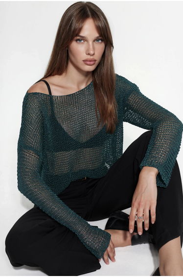 Semi-Sheer Boat Neck Knit Sweater