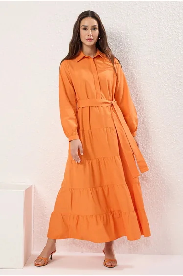 فستان قطن بحزام لون برتقالي